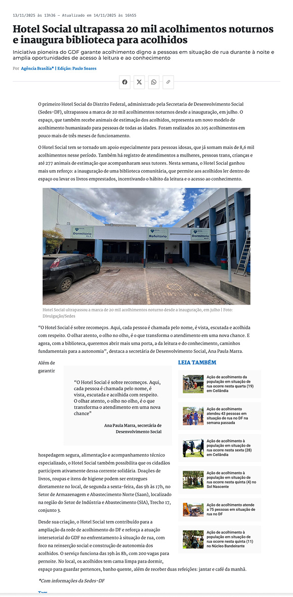 Hotel Social ultrapassa 20 mil acolhimentos noturnos e inaugura biblioteca para acolhidos