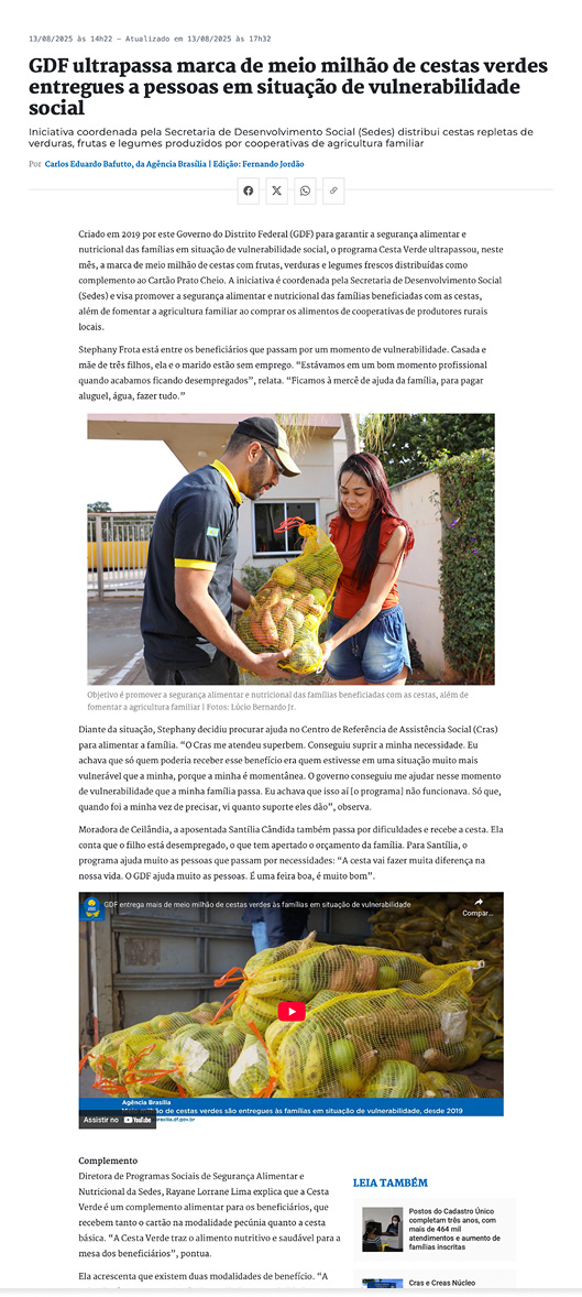 GDF ultrapassa marca de meio milhão de cestas verdes entregues a pessoas em situação de vulnerabilidade social