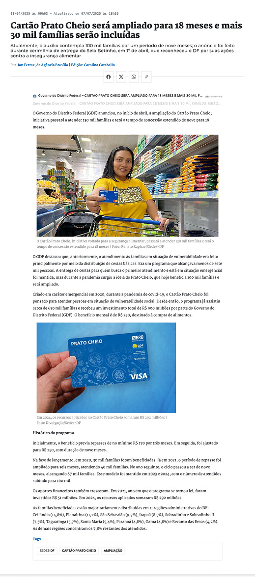Cartão Prato Cheio será ampliado para 18 meses e mais 30 mil famílias serão incluídas